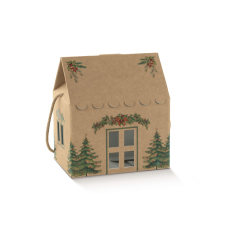 Caixa para presentes casa c/cordão pinheiros verdes 200x140x140mm