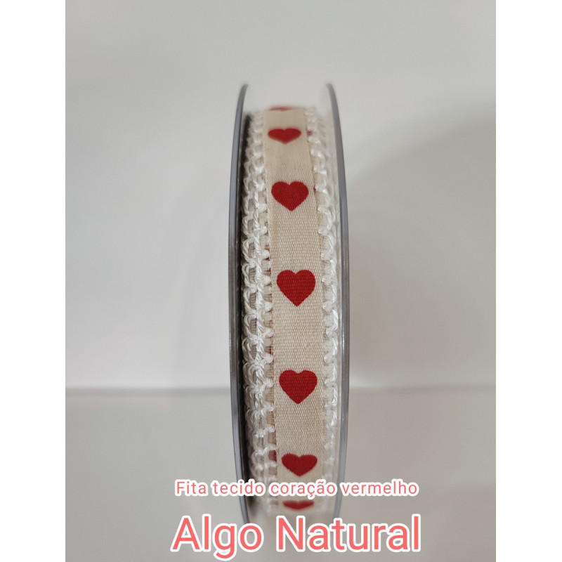 Rolo Fita Algodão bege/coração vermelho