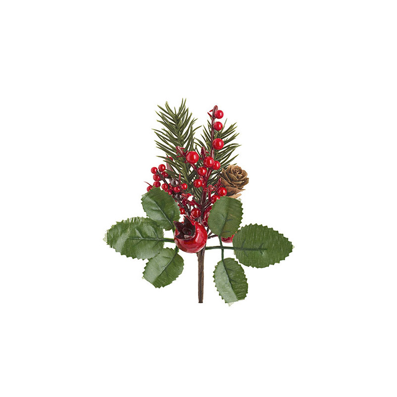 Haste bagas vermelhas de Natal c/Pinha 14cm