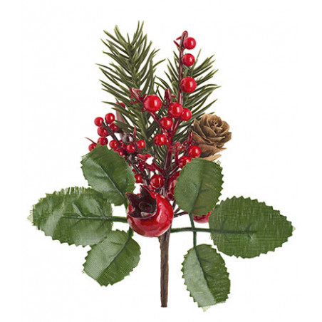 Haste bagas vermelhas de Natal c/Pinha 14cm