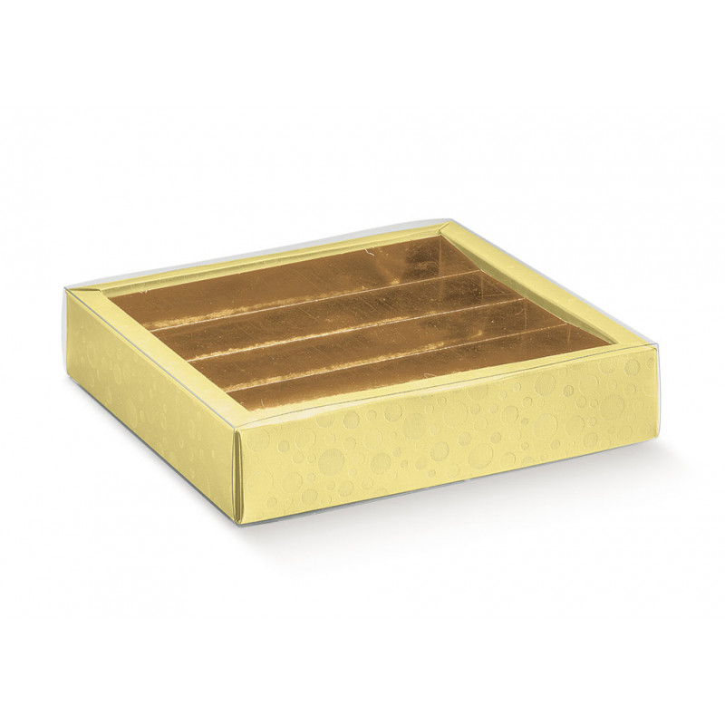 Caixa Bombons Esferas Amarelas + Interior Dourado 145x145x35mm