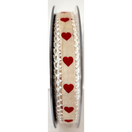 Fita Algodão bege/coração vermelho 20M