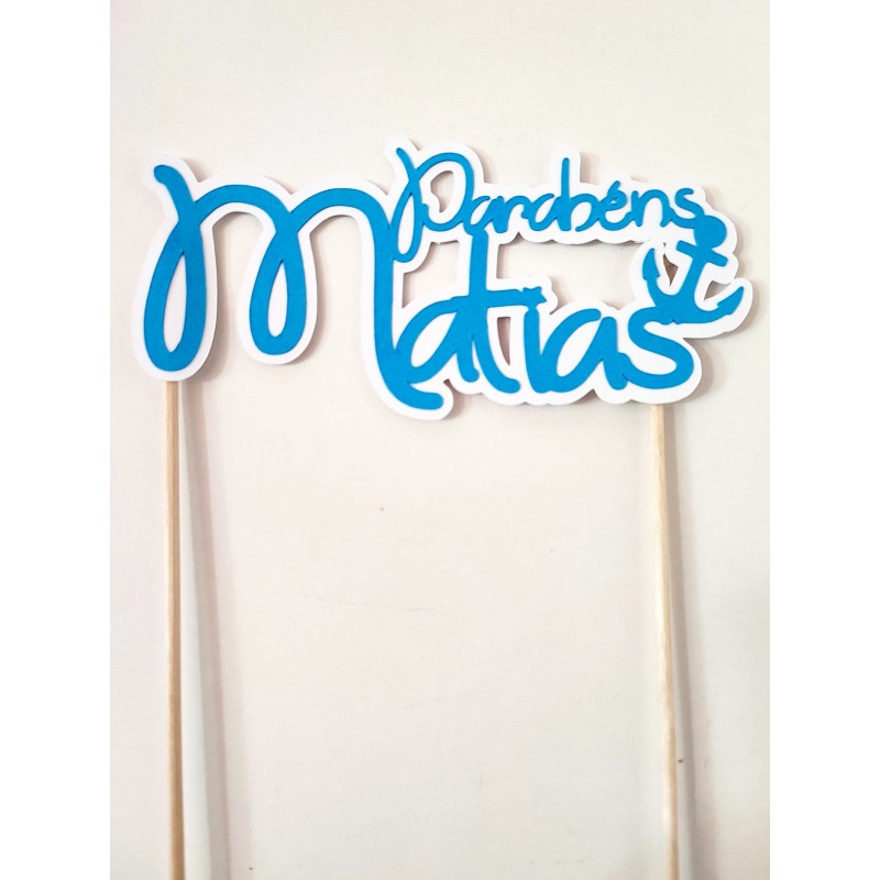Topper Parabéns Azul/branco personalizado - Matias