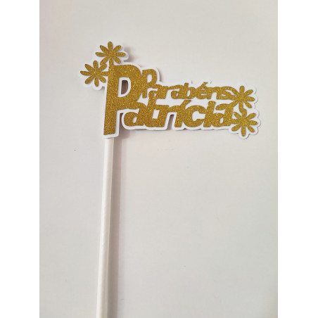 Topper Parabéns personalizado branco/ouro - Patrícia